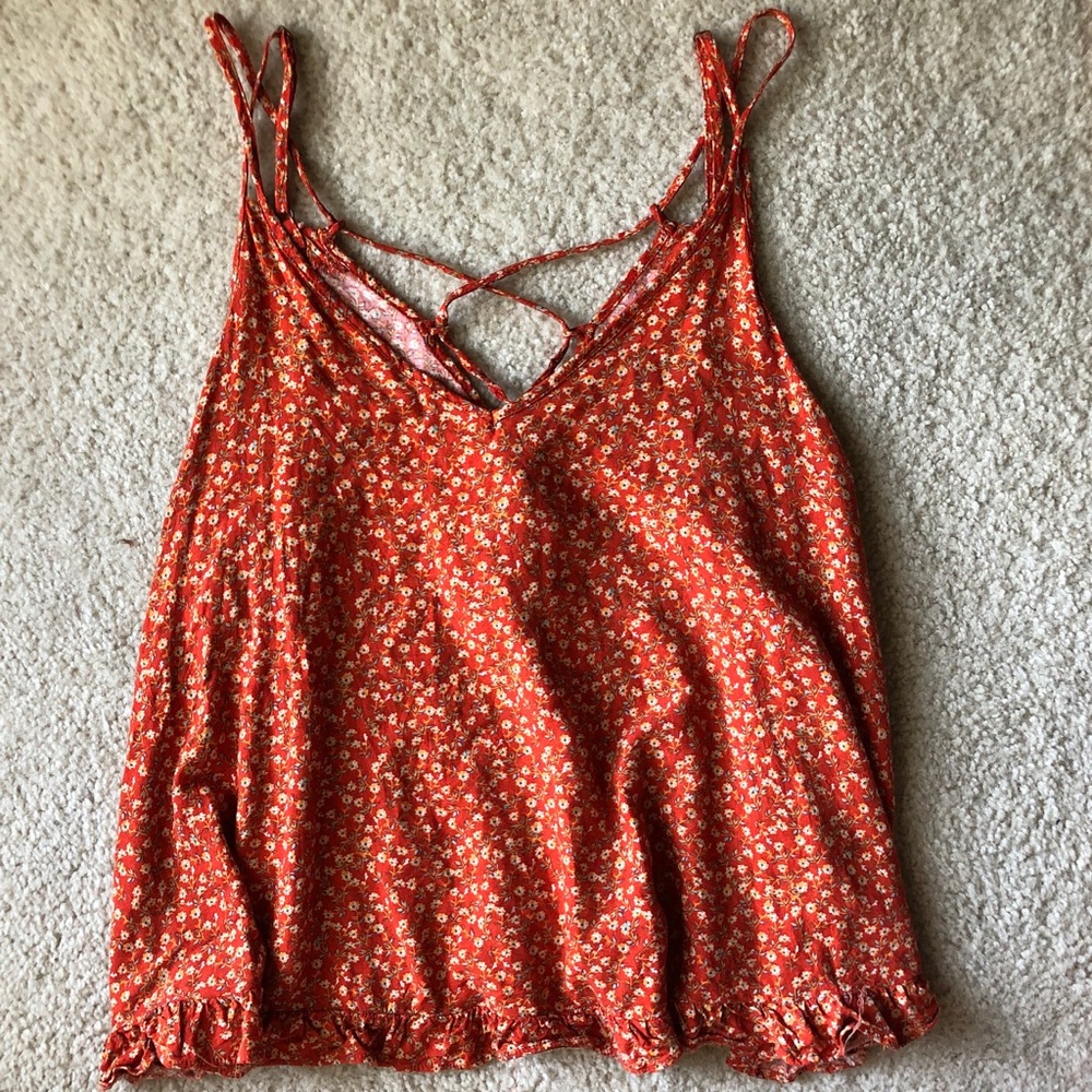 Crossed Laced Back Floral Tank Top